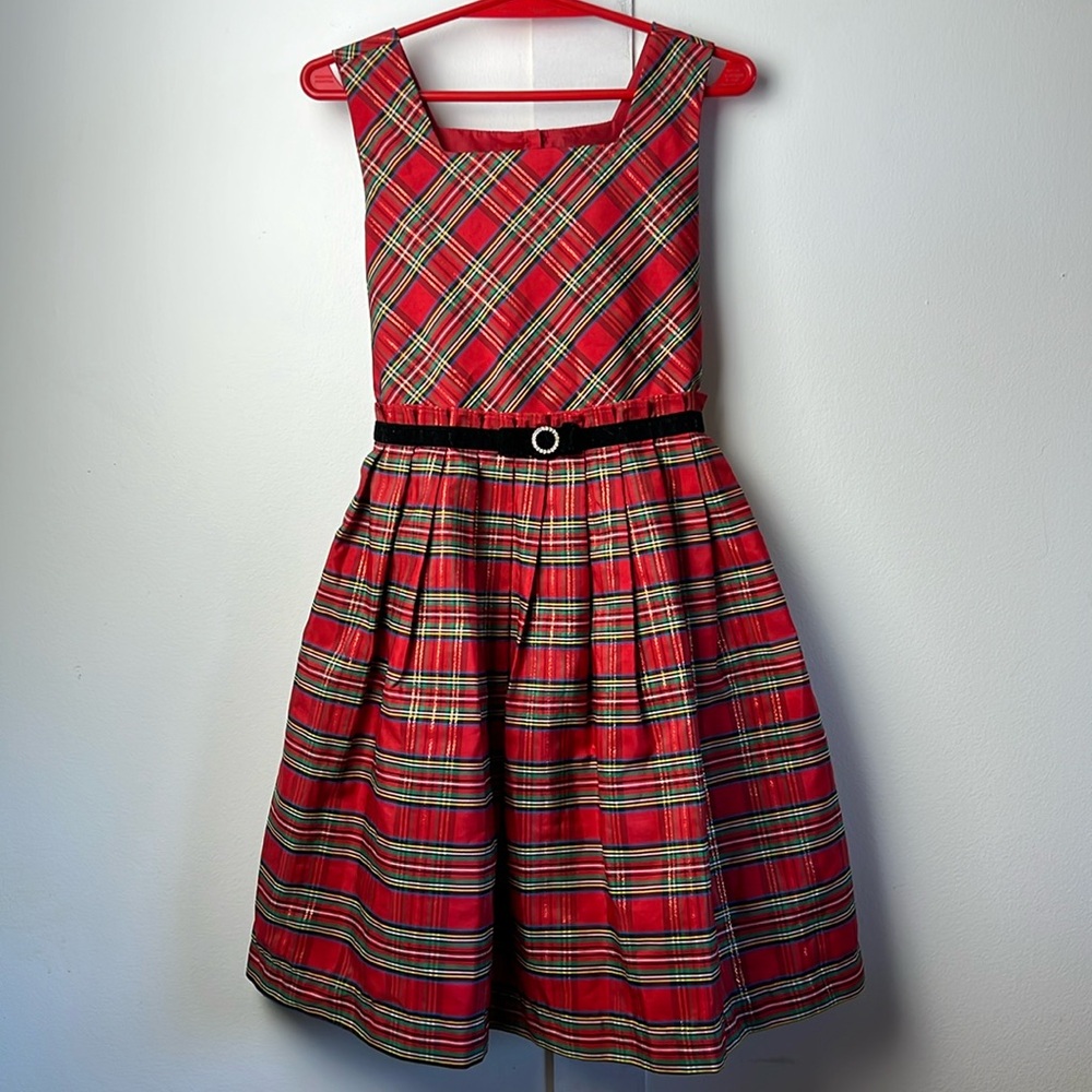 Kids Vintage Red Tartan Plaid Sleeveless Dress with Gold Shimmer Xmas Christmas